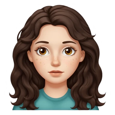 A white girl with long dark brown wave hair and patches under her eyes sticker