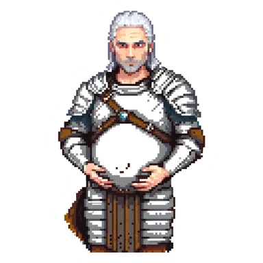 Geralt of Rivia holding his pregnant belly, pixel art style, silver hair, medieval armor, simple background sticker