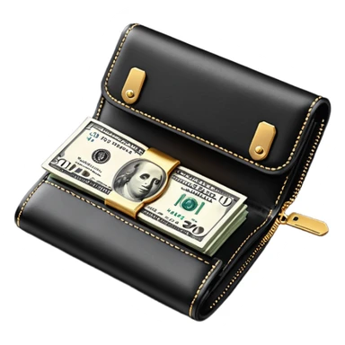 Rich emoji style black leather wallet with dollar bills, luxury money vibe, premium 3D emoji, ultra clean, high detail, no background sticker