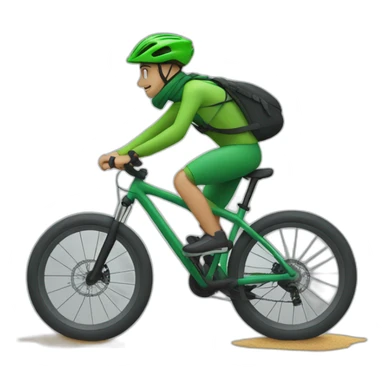 mountain biker, with a green bicycle, with a scarf, hat and dark clothing, traveling at high speed sticker