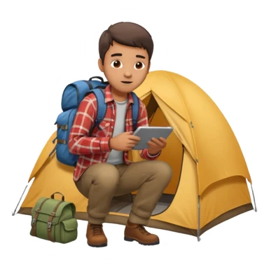A man wearing a flannel shirt and backpack, setting up a tent with focused hands sticker