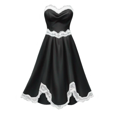 Realistic isolated black silk strapless dress with white lace. sticker