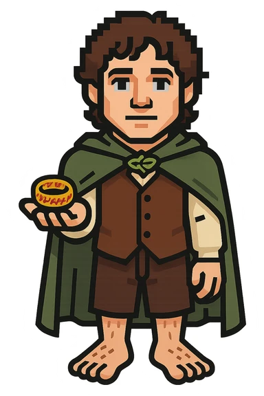 Whole body image of Frodo Baggins from the lord of the rings movie in pixel art style. Make Frodo look like the actor that portrayed him in the movie, Elijah Wood. Frodo is wearing the same green elven cloak with the leaf buckle, brown vest, cream undershirt, dark brown leather short pants, and hairy hobbit feet. He is holding the one ring in the palm of his outstretched hand. the ring is golden yellow with red elven inscription. sticker