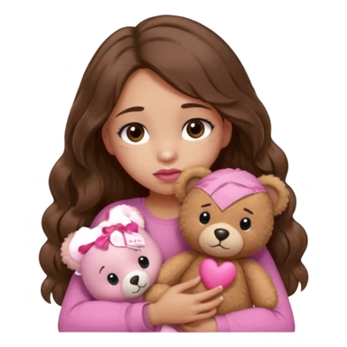 girl with long wavy brown hair, brown eyes, light to medium complexion, in a pink shirt, pink lips, long lashes, sad, hugging squeezing a teddy bear with bandaid hearts sticker