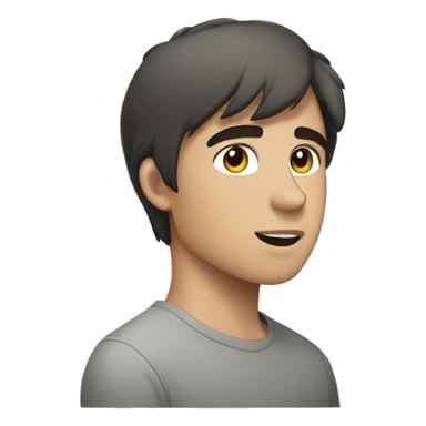 18 year old, male, brunete, short sideways fringe, grey tshirt, white pale sticker