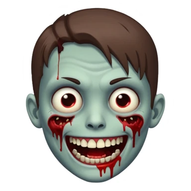 zombie boy with medium-length brown hair, white skin, and white eyes; an open smile, and bloodied teeth; sticker