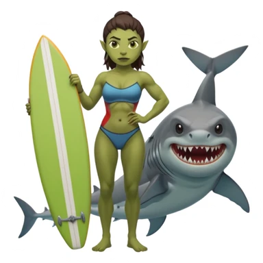 orc female holds a little surfboard with a shark painted vertically in his hands sticker