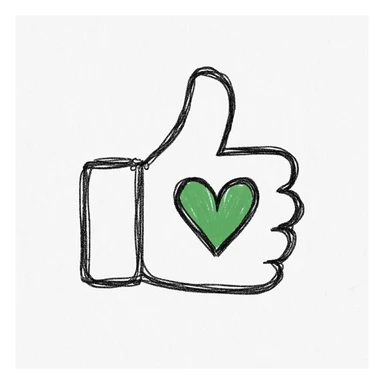 minimalist green thumbs up with a heart inside the thumb, hand drawn black outline style, white clean background, calm and secure feeling sticker