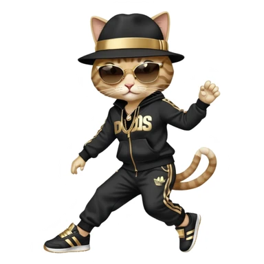 female cat dressed like Run DMC in tracksuit, fedora, Adidas shoes, dark sunglasses, lots of gold chains and bling accessories, break dancing sticker