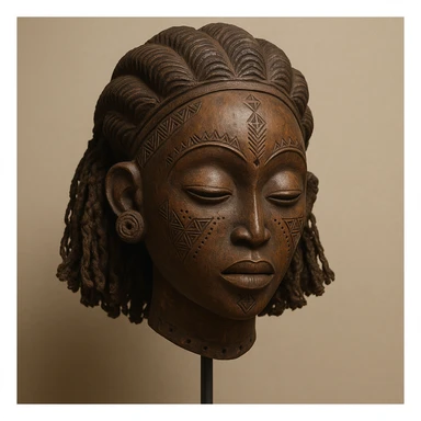 Mwana Pwo mask, Angolan Cokwe culture, stylized wooden mask, delicate features, geometric tribal designs, museum artifact, simple background sticker