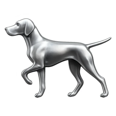               Apply a high-end, photorealistic metallic chrome material to the provided {subject}. The material should have a smooth, slightly curved surface with subtle reflections and soft shadows, resembling brushed or polished silver metal. Preserve the exact shape, proportions, and design of the original object. Set it against a solid black background (#000000) in 8K resolution. The lighting should enhance the beveled edges and reflective highlights, creating a sleek, premium finish. {subject} = dog pointing left sticker