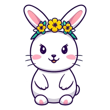 rabbit with a flower crown, surrounded by wildflowers, May Day festival, cheerful expression sticker