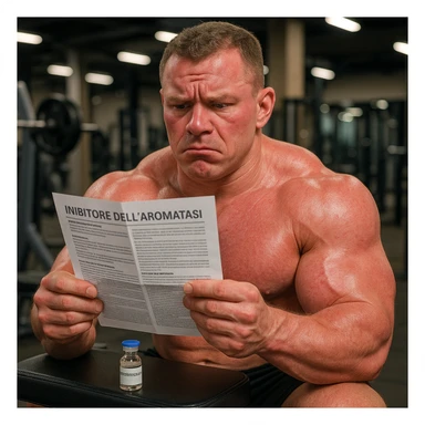 beginner bodybuilder reading Italian leaflet of aromatase inhibitor, vial labeled 'Testosterone' nearby, swollen muscles but red skin, doubtful atmosphere, gym background, 4K quality sticker