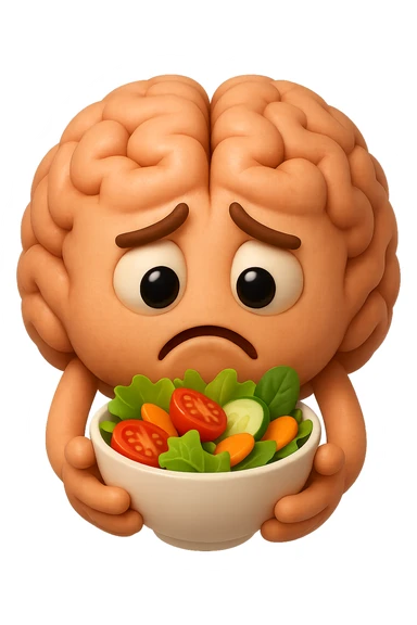 EMOJI STILE IPHONE 3D DI UN cervello umano che tiene in mano un insalata con espressione triste, iperrealistico 4k sticker