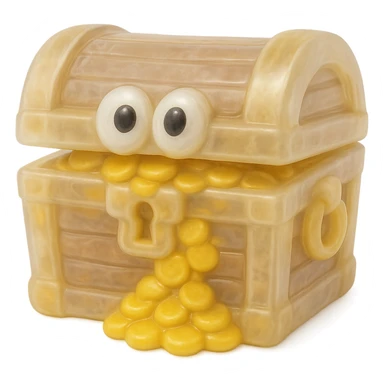 Make the treasure chest even more transparent and slightly see-through, keeping the natural wood and gold colors, in a retro 90's toy style with derpy eyes, soft plastic texture, soft reflections, soft and squishy appearance, some cloudiness, not shiny, highly detailed and appealing. Remove any tags and background. sticker