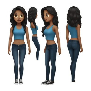 Medium size girl Indian skin tone fair long dark brown hair in blue tank top and black high waist skinny jeans sticker