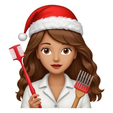 mujer peinandose en la peluqueria y con un gorro de navidad, cabello largo café y ondulado sticker