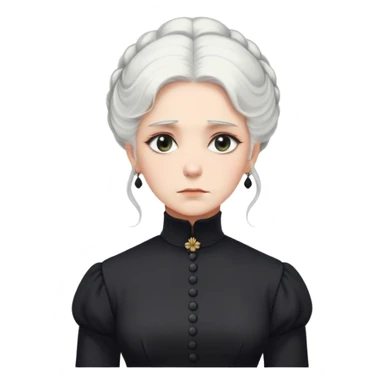 A Victorian woman with elegant coiffed white hair and light eyes wearing a modest black turtleneck mourning dress looking down with a forlorn expression sticker