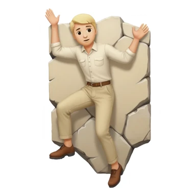 Blonde man wearing beige trousers and a cream shirt climbing over a wall sticker