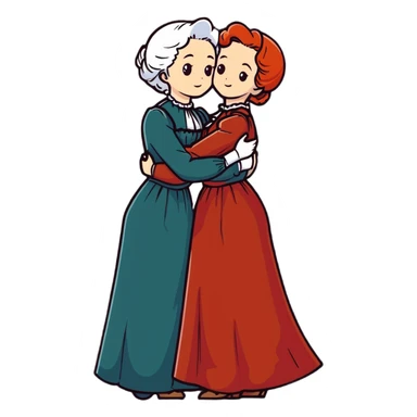 Two modest Victorian women hugging, one with white hair and one with copper red hair, wearing long Victorian dresses sticker