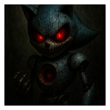scary Metal Sonic.exe character, horror style, cracked metal face, sinister glowing eyes, menacing look, normal background sticker