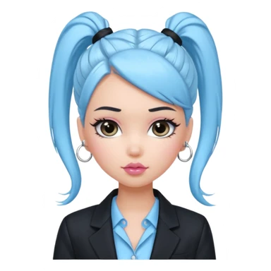 generate a pretty bratz girl wearing a light blue full sleeve shirt and a black blazer over it. silver small hoops, pink lipgloss. black hair tied up in a ponytail sticker