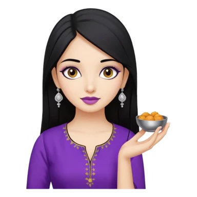 a pretty bratz girl with straight black hair, wearing a purple kurti, silver jhumkas, eyeliner, carrying momos sticker