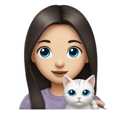 Cute girl with straight dark hair and blue eyes and hold a little cat sticker