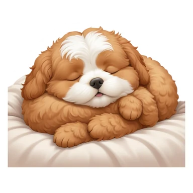 Cinematic Meme-Worthy Chubby Sleeping Cavoodle Portrait Emoji, Head resting peacefully with a contented smile, showcasing a delightfully chubby build and a luxuriously soft, curly apricot coat with gentle white accents, eyes shut in a serene nap, Simplified yet hilariously adorable features, highly detailed, glowing with a soft, drowsy light, high shine, relaxed and utterly lovable, stylized with an air of playful laziness, bright and heartwarming, soft glowing outline, capturing the essence of a comically sleepy Cavoodle, so meme-worthy it feels like it could instantly become the next viral sensation of adorable slumber! sticker