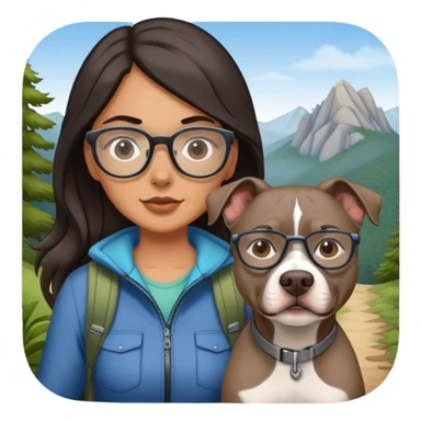 Girl with long dark hair and glasses hiking with grey pitbull sticker