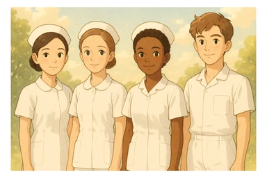 Four nursing students inspired by the faces of four photos, wearing complete white short-sleeve uniforms (visible arms), no stethoscope, standing side by side without touching, warm atmosphere, Ghibli style, soft and bright background. sticker