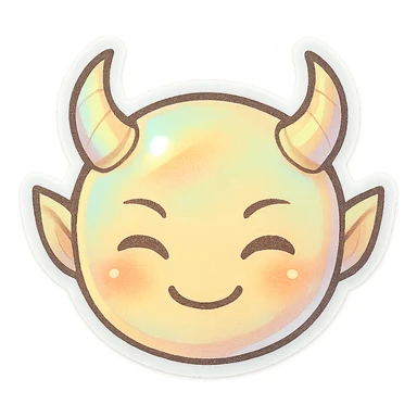 devil emoji, chibi style, holographic effect, iridescent pale yellow and peach, elegant horns, sweet smile sticker
