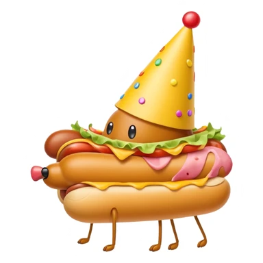 A hotdog with legs wearing a party hat sticker