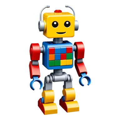 A big photorealistic icon featuring a detailed robot figure built from LEGO bricks, with intricate parts and colorful pieces. The design includes the LEGO logo subtly visible, with a focus on the craftsmanship and creativity of the build. Transparent background. sticker