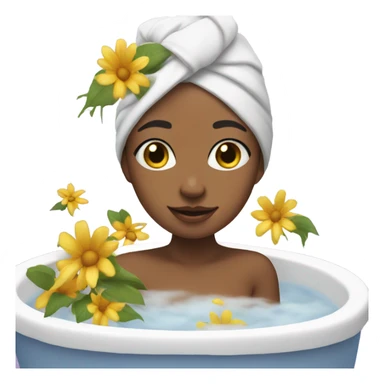 girl with towel on head takes bath with flowers sticker