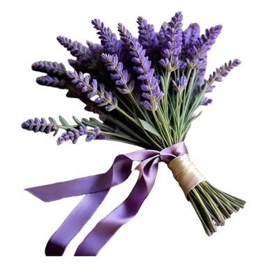 A loosely gathered bouquet of lavender, with sprigs in varying shades of lilac, violet, and deep plum, is tied together with a faded silk ribbon, its ends trailing softly onto an antique wooden table. A few delicate buds have fallen loose, resting gently on an embroidered lace cloth, while the golden afternoon light catches the soft purple hues, evoking a sense of timeless tranquility.
 sticker