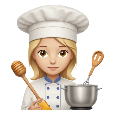 cocinera castaña clara tirando a rubia, blanca, ojos color miel con gorrito de cocina y batidora  sticker