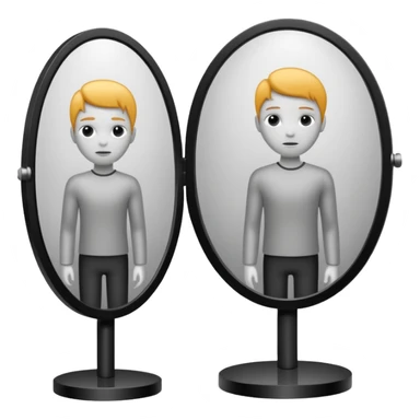 Minimalist emoji-style sticker of a person standing before a mirror, but the reflection is moving differently. Black and gray icon.
 sticker