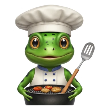create a weber grill with frog whos wearing chefs hat and cooking on bq sticker