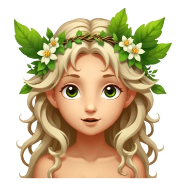 Cinematic Realistic Forest Nymph Fairy Portrait, head tilted playfully and inquisitively, showcasing a nature-inspired form with intricately detailed, sunlit tanned skin and cascading hair interlaced with leaves and blossoms. Her bright, curious eyes sparkle with forest mischief, rendered with lifelike clarity and warm, dappled lighting that captures the spirit of an enchanting woodland fairy ready to dance among the trees. sticker