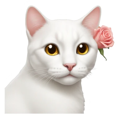 A white cat with rose nose sticker