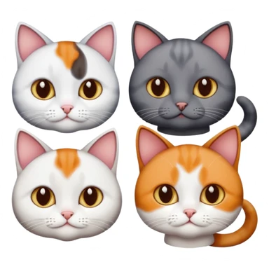 4 different coloured short haired cats including; a dark brown and white cat, and a dark grey and white, and a calico sticker