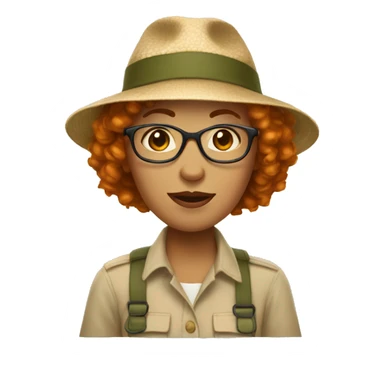 pale woman with very short curly ginger hair and glasses in safari hat sticker