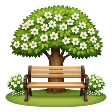 beautiful bench against the background of a tree with blooming white flowers sticker