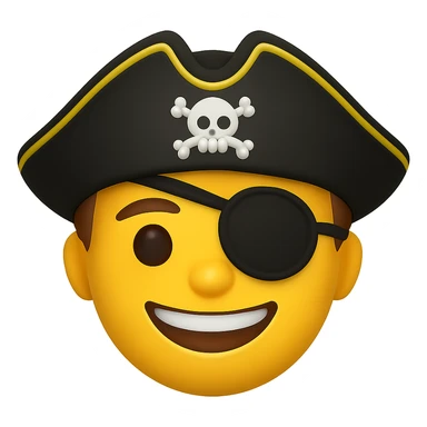 Add an eye patch over the blindfold for the pirate. Keep the pirate hat and smiling expression. Render in emoji style with transparent background. sticker