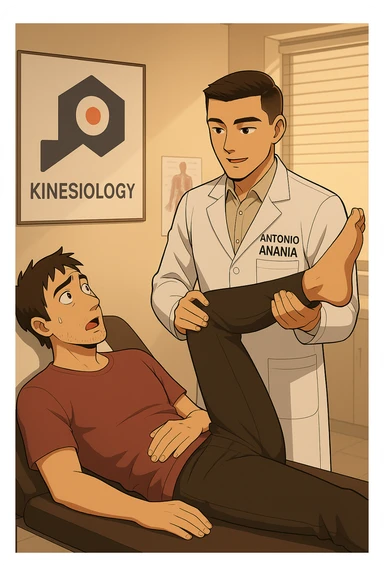 fai un webtoon manga a colori con questo stile, in cui un uomo è steso sul lettino medico e il kinesiologo con il camice bianco (fagli anche la scritta "ANTONIO ANANIA" SUL CAMICE, gli solleva una gamba per fargli il test neuromuscolare, IL KINESIOLOGO SPIEGA ALL'UOMO UNA cosa mentre gli alza la gamba. non fare i fumetti però, fai solo in modo che sembri stiano parlando sticker