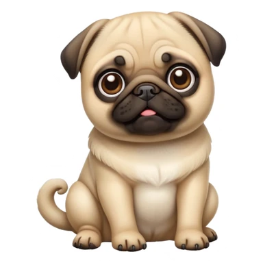 detailed-[cute pug]-realistic-full-body-sitting-emoji,-tail-resting-loosely-beside-its-paws,-head-tilted-dramatically, -sleek-fur,-simplified-yet-realistic-focused-features,-highly-detailed,-glowing-with-an-almost-sarcastic-glow sticker