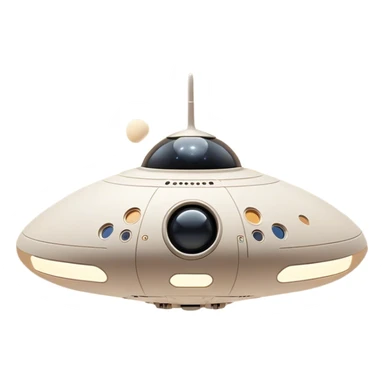 Design a simple, semi-realistic spaceship centered in the frame, with a clean and minimalistic design. The ship should have a smooth, rounded shape with a few subtle mechanical details, like small thrusters or panels, but avoid overly complex or advanced features. Add a 'face' to the front of the ship using basic shapes, such as two circular lights for 'eyes' and a curved line or pattern for a 'smile,' giving it a friendly and approachable personality. The design should feel functional yet charming, as if the ship has its own character or consciousness. The background should be outer space, with a few stars and a simple planet or moon to keep the focus on the ship. Use soft lighting to highlight the ship's 'face' and give it a warm, inviting feel. sticker