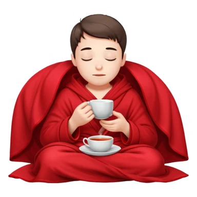 A European boy is sitting comfortably under a blanket, wrapped in a red blanket, drinking tea with his eyes closed. sticker