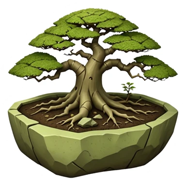 Roots Stoneware akadama soil mossy irregular angular Stone Age rocks cracked and broken forming a very shallow bonsai pot sans(without) tree  sticker